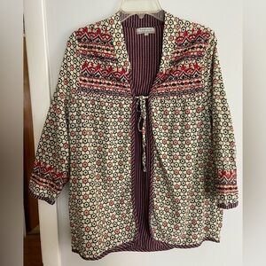 World Market Embroidered 3/4 Sleeve Kimono Size S/M Cream Red and Blue Print​